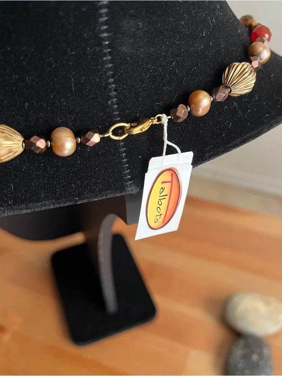 Talbots beaded statement necklace mix of brown, orange, and gold-toned glass - Picture 5 of 9